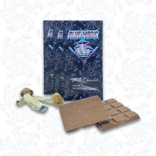 A piece of chocolate bar and two magic mushrooms in front of three chocolate bar packages